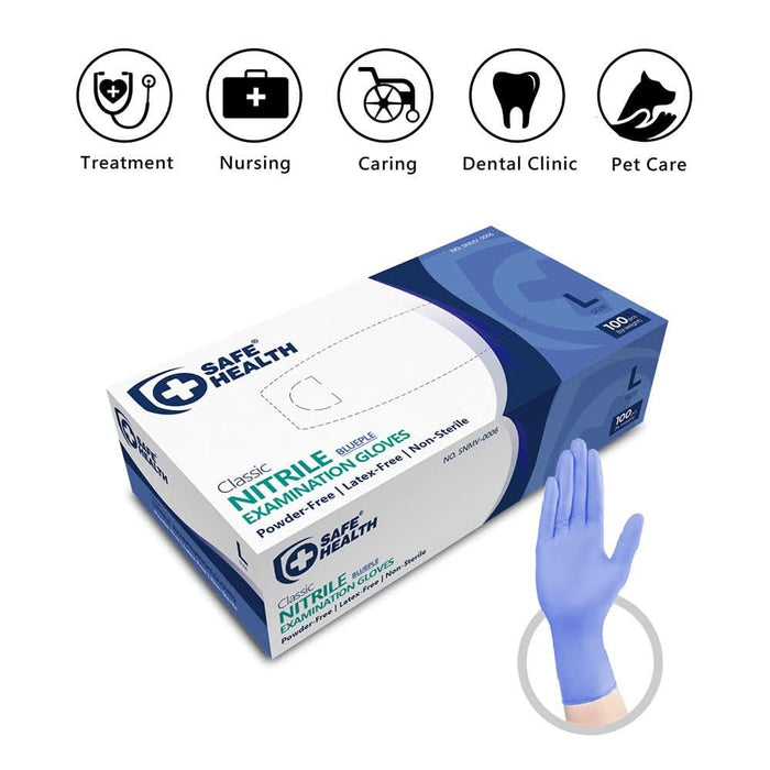 Box of Safe Health nitrile examination gloves with icons and a glove illustration on a white background