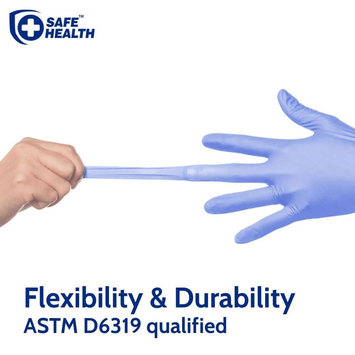Blue glove being stretched by a hand with Safe Health logo, emphasizing flexibility and durability.
