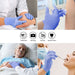 Collage of medical professionals wearing blue gloves performing various tasks including treatment, nursing, and dental care.