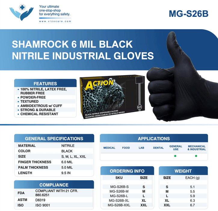 Shamrock 6 Mil Black Nitrile Exam Powder-Free Gloves, Case of 1000 pcs. (MG-S26B)
