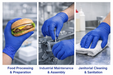 Three images showing blue gloves in different settings with text labels below.