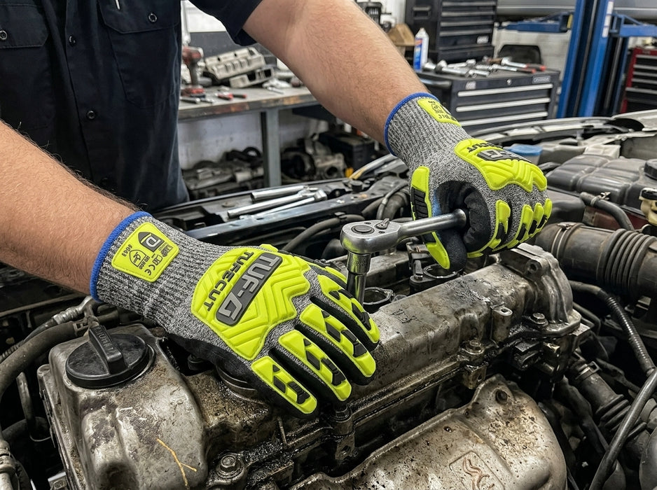 Mechanic working on a car engine in a garage wearing Tuff Gard Cut Resistant Nitrile‑Palm Coated Glove