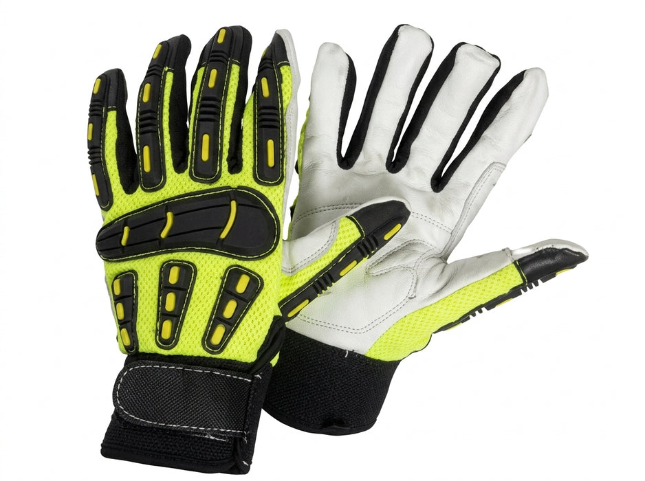 Pair of gloves with yellow and black accents on a white background
