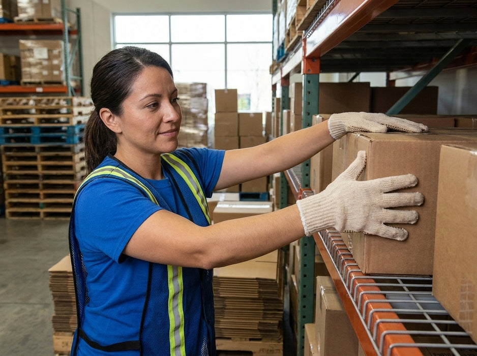 Woman in a warehouse setting, handling boxes on a rack while wearing Tuff Gard Cotton/Polyester Knit Glove .