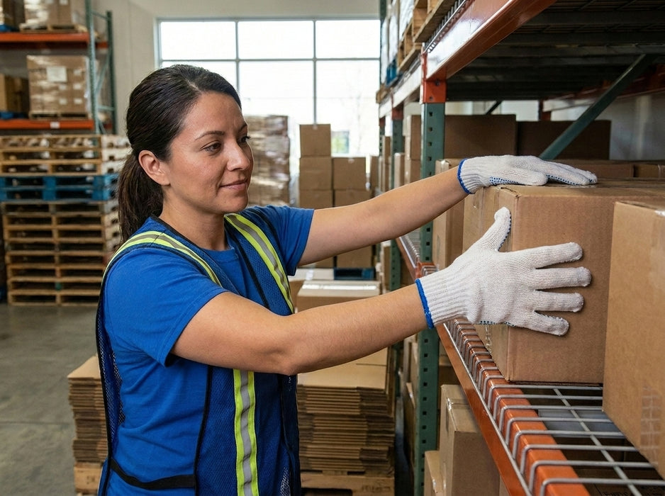 Woman in a warehouse setting, handling boxes on a rack wearing white gloves with blue trim