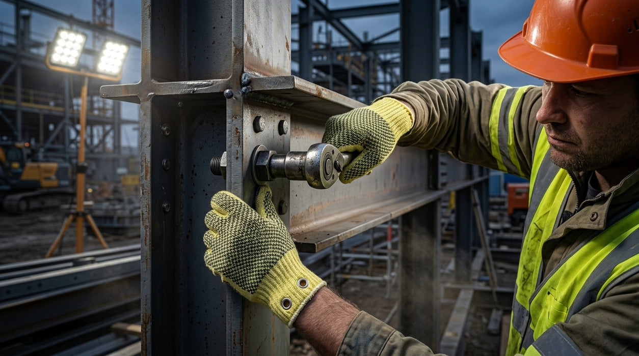 Worker in high-visibility gear and hard hat adjusting metal beams on a construction site.