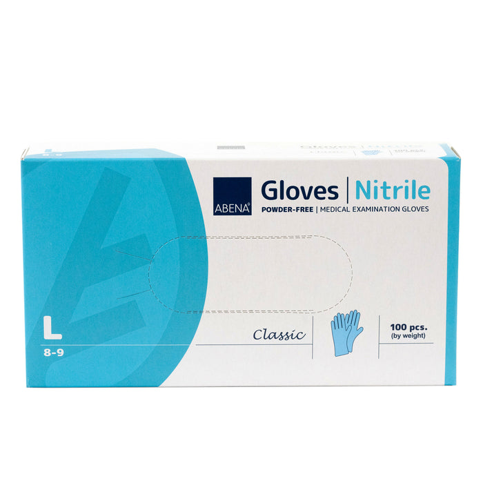 Box of Abena Blue 5 Mil Nitrile Exam Gloves, powder‑free medical examination gloves in size Large (100 count), highlighting durable barrier protection and professional packaging.