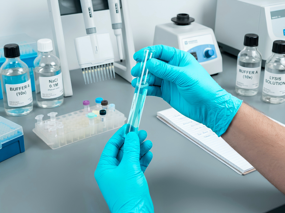 Scientist wearing Abena Blue 5 Mil Nitrile Exam Gloves while handling a test tube in a molecular biology laboratory, highlighting chemical resistance, safety, and precision in sample preparation.
