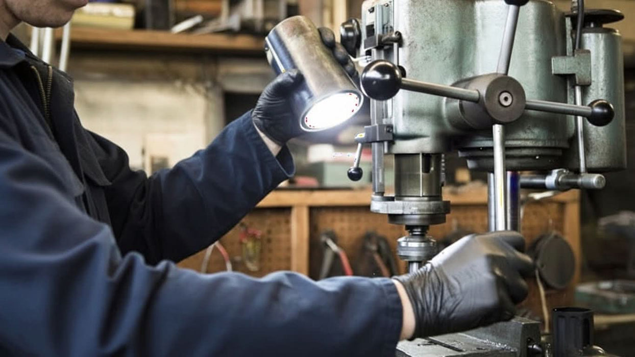 Person wearing black nitrile gloves operating a drill press in a workshop