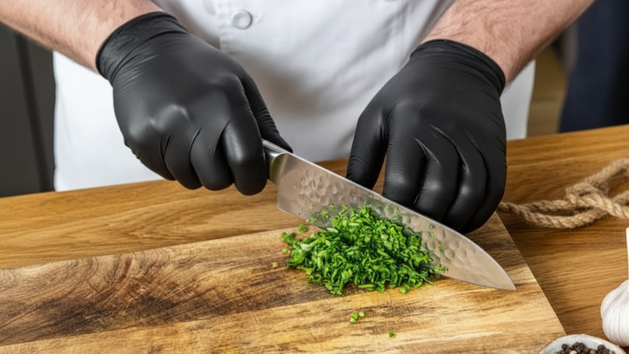 Chef wearing black nitrile gloves chopping fresh herbs on a wooden cutting board