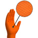 Orange glove with close-up of textured surface on a white background
