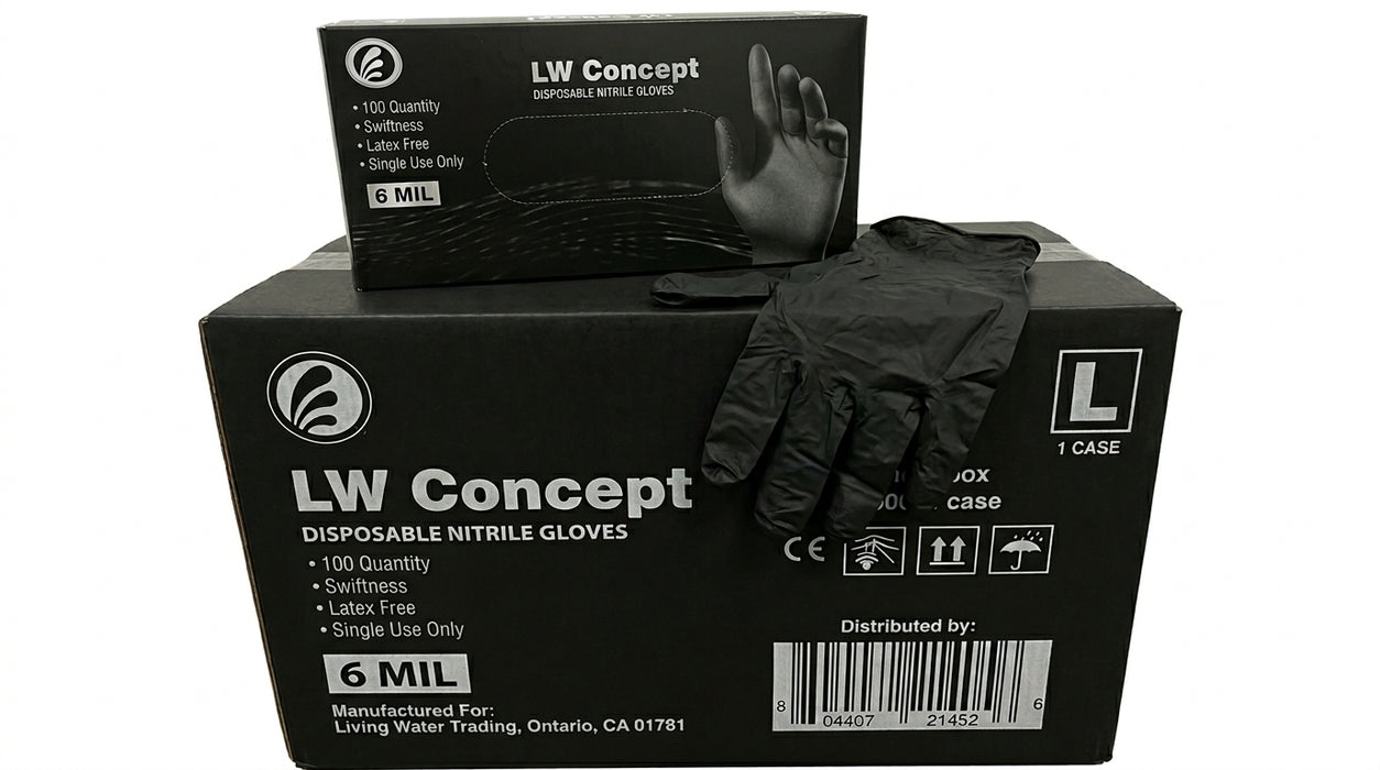 Box of LW Concept 6 Mil Black Nitrile Exam Gloves with a single glove displayed on top