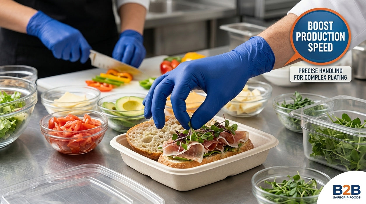 Person preparing a sandwich with various ingredients on a counter, wearing blue gloves.