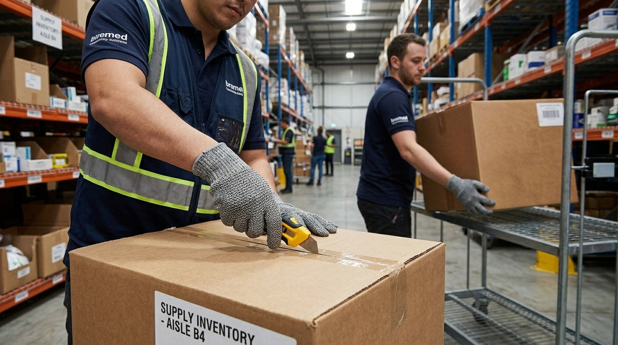 Two workers in a warehouse packaging boxes wearing Tuff Gard H‑Power Shell PU Cut 5 Glove 