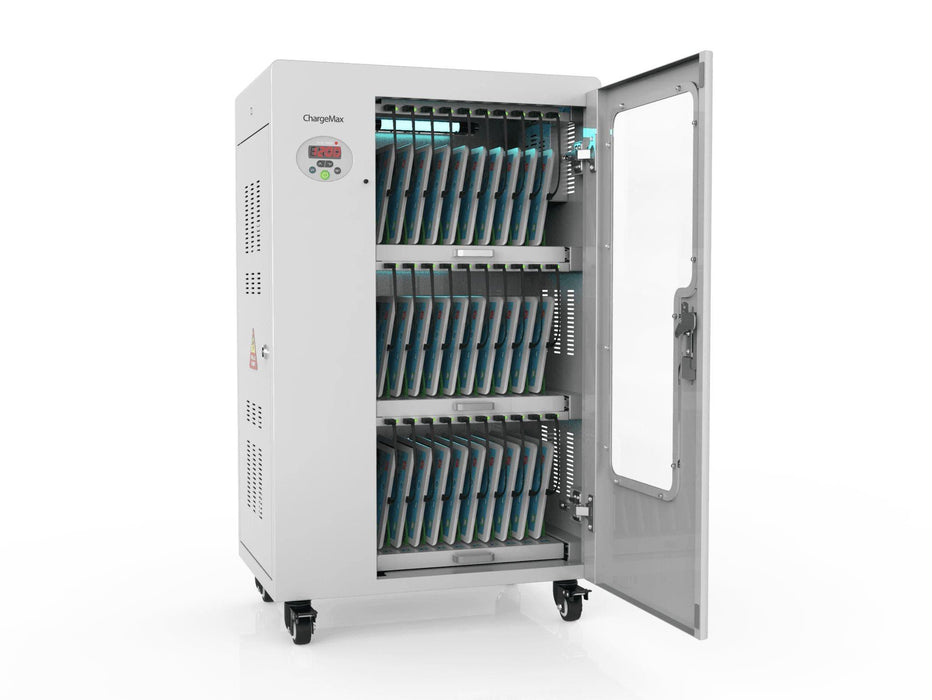 ChargeMax Disinfection Charging Cabinet - 30 bays, 3 Level (CT-30BU) - CT-30BU - 3 Level / 30 Bays. 5 minutes UVC Disinfection with digital timer; UV Disinfection System inside the cabinet removes germs and bacteria 