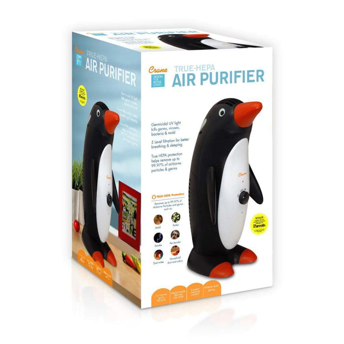 Crane - Penguin Air Purifier w/ Germicidal light - The germicidal UV light inhibits viruses and bacteria, while the True HEPA filter captures up to 99.97% of airborne dust and pollen as small as 0.3 microns 