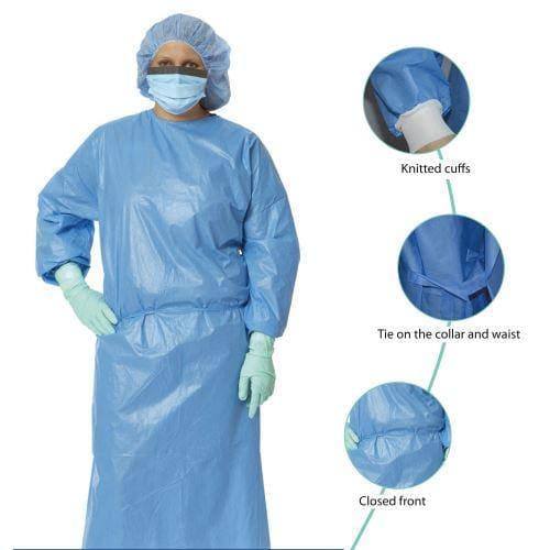 Baluster 200-Pack Level 2 Disposable Isolation Gowns – SMS 35g, Knitted Cuffs, Blue, Fully Closed With Neck & Waist Ties