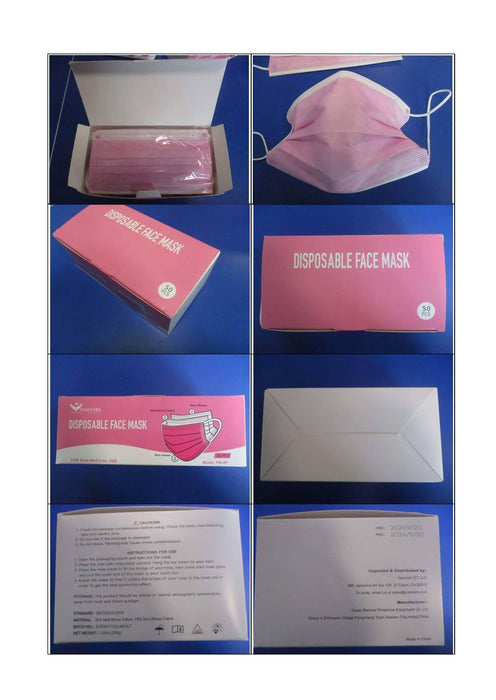 Disposable Pink Face Mask, 3-Ply - 50pc (FM-4P) Face Masks VizoCare 