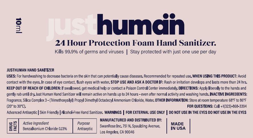 JUSTHUMAN 24 HOUR PROTECTION FOAM HAND SANITIZER-10ml specifications- is an alcohol-free foam hand sanitizer that kills 99.9%