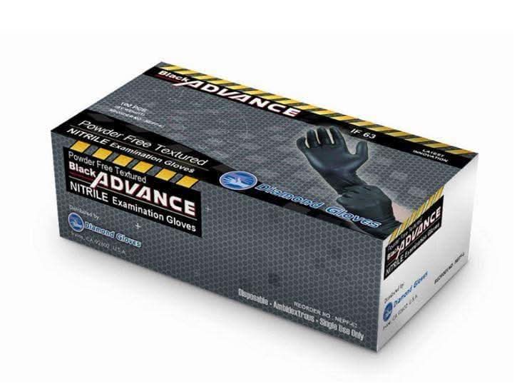 Box of black Advance nitrile examination gloves on a white background