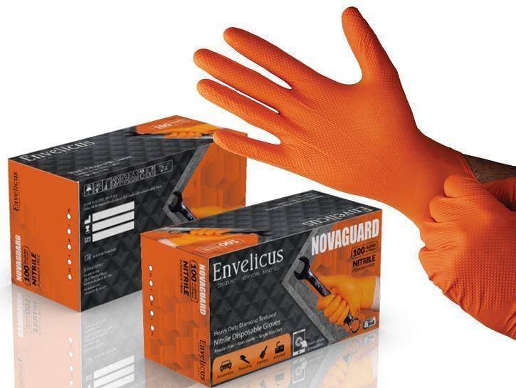 boxes of the Envelicus Novaguard Orange 8 mil Nitrile Industrial Glove