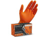 A box of Envelicus Novaguard orange nitrile industrial gloves with a single glove displayed in front, showing the diamond textured surface.