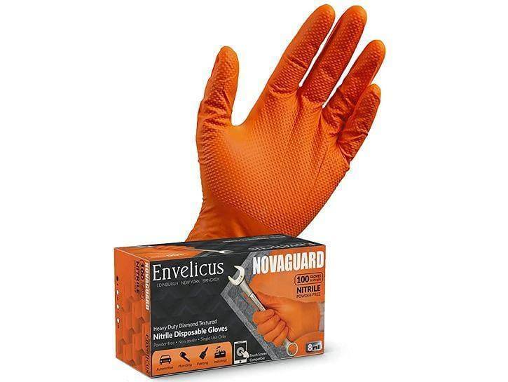 A box of Envelicus Novaguard orange nitrile industrial gloves with a single glove displayed in front, showing the diamond textured surface.